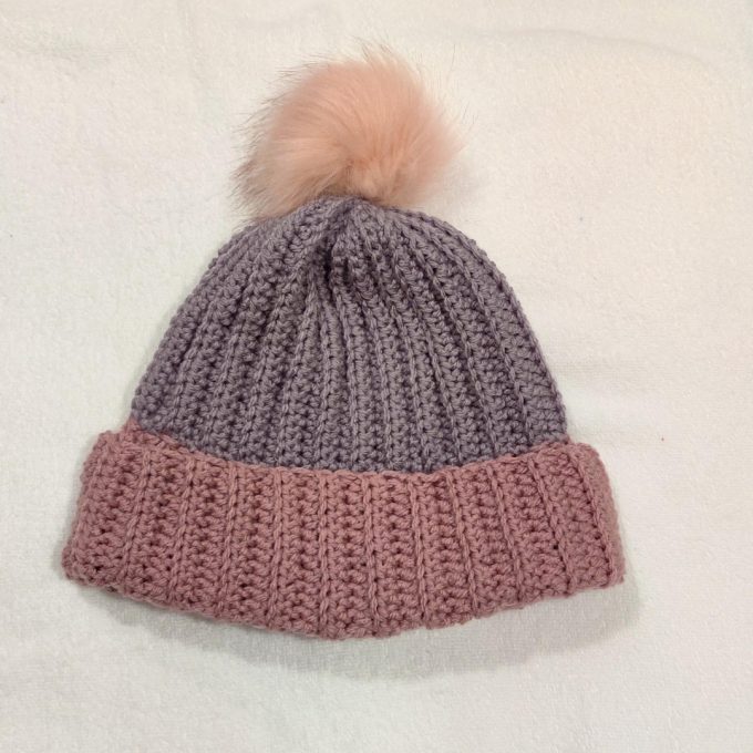 two tone beanie with pompom